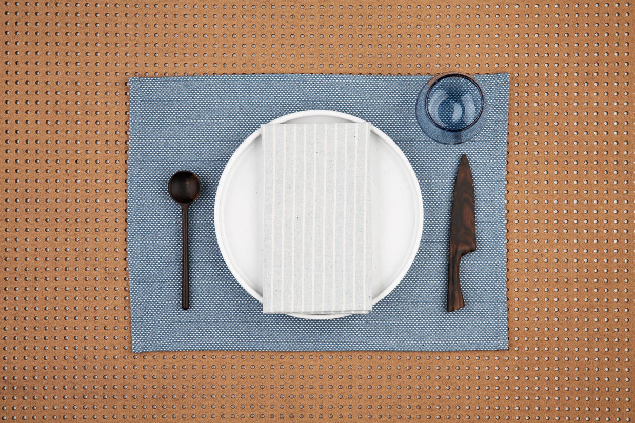 Blue Cloth Napkins with Modern Stripes – Recycled Cotton Set