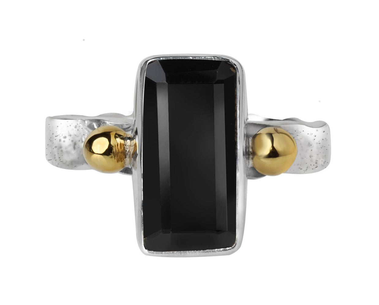 Emerald-Cut Black Onyx Silver Ring w/ Brass Accents - Size 7