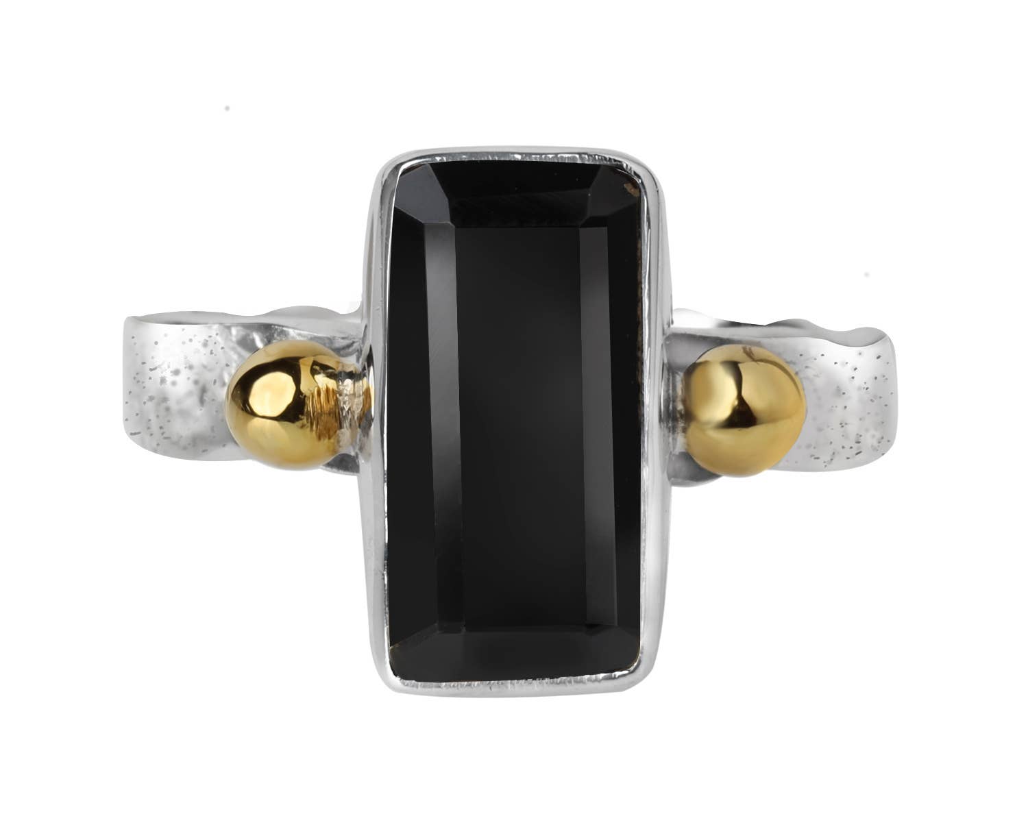 Emerald-Cut Black Onyx Silver Ring w/ Brass Accents - Size 7