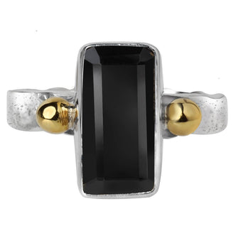 Emerald-Cut Black Onyx Silver Ring w/ Brass Accents - Size 7
