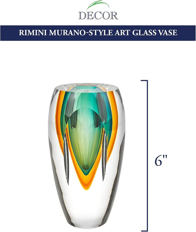 Rimini Murano Style Art Glass Amber & Green 6" Vase