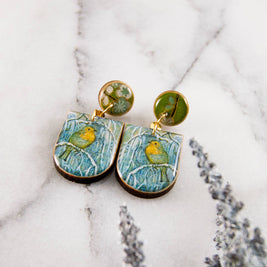 Watercolor Aqua + Yellow Bird Drop Post Earrings