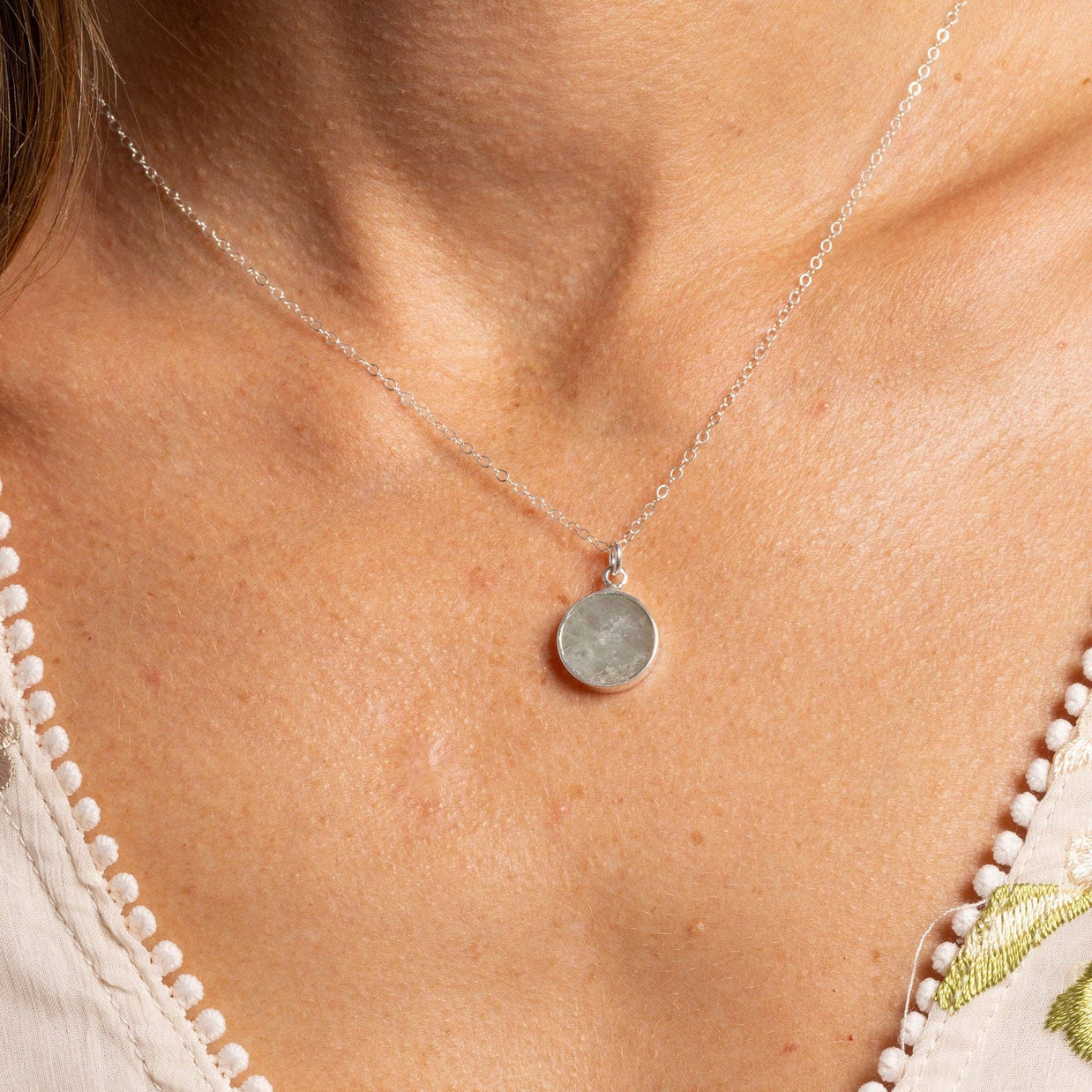 Aquamarine 925 Sterling Silver Round Disc Pendant Cable Chai