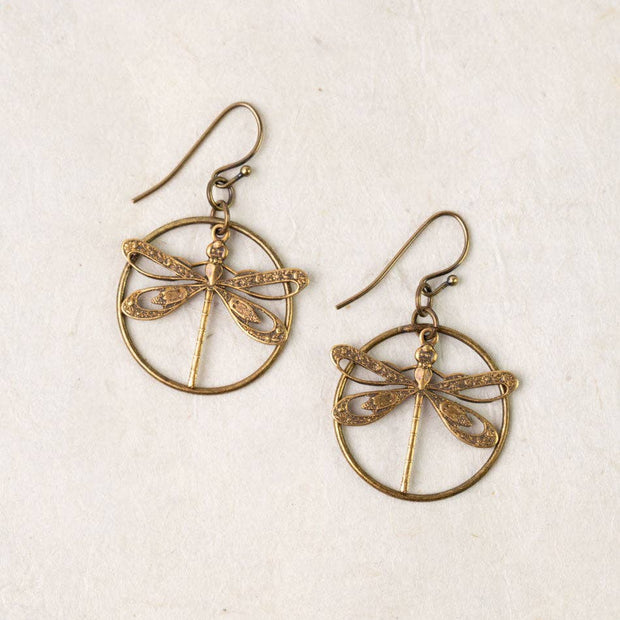 Enlighten Antique Brass Filigree Dragonfly Simple Earrings