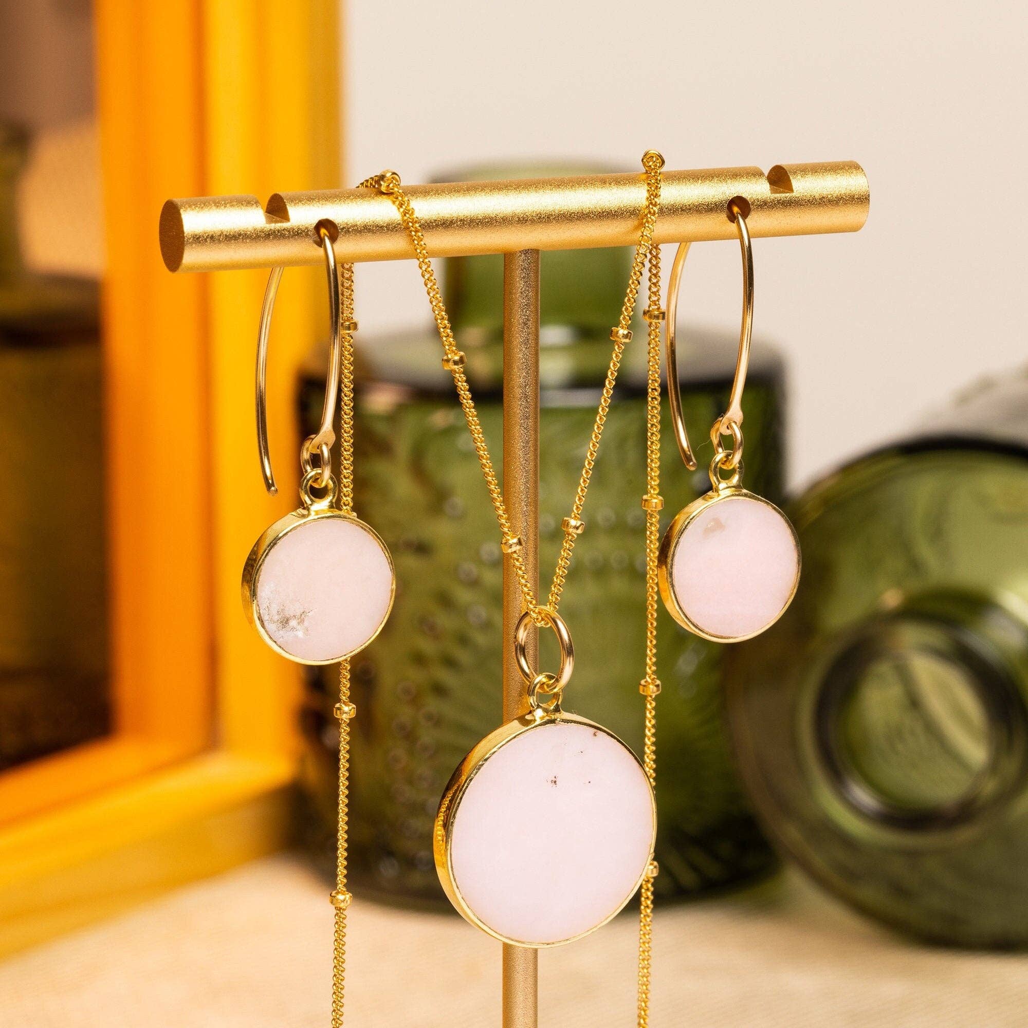 Pink Opal Disc Gold Earrings Necklace Set