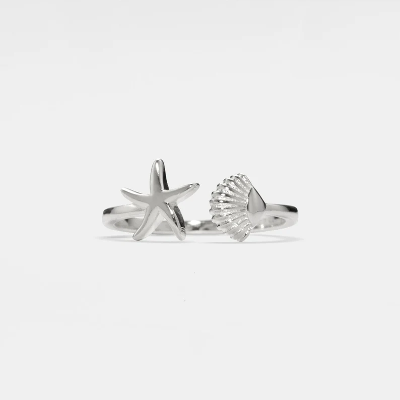 Seashell Starfish Pendant Necklace and Ring Set in 925 Sterling Silver