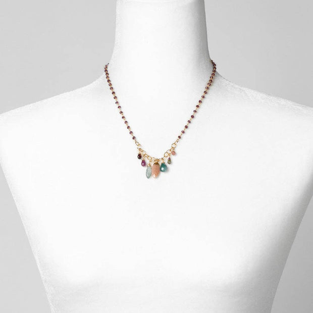 Gumdrop 16.75-18.75" Garnet With Cluster Of Peach Moonstone, Kyanite, Ruby, Rhodochrosite Cluster Necklace