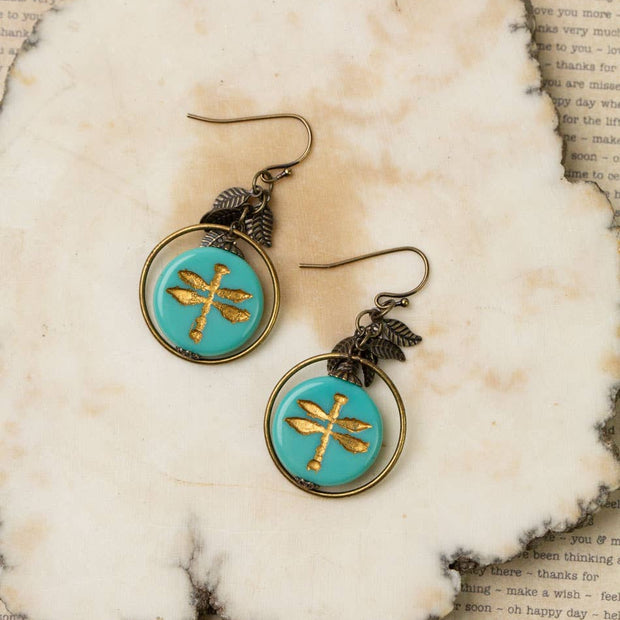Rustic Creek Antique Brass Leaves With Czech Glass Stamped Dragonfly Hoop Earrings