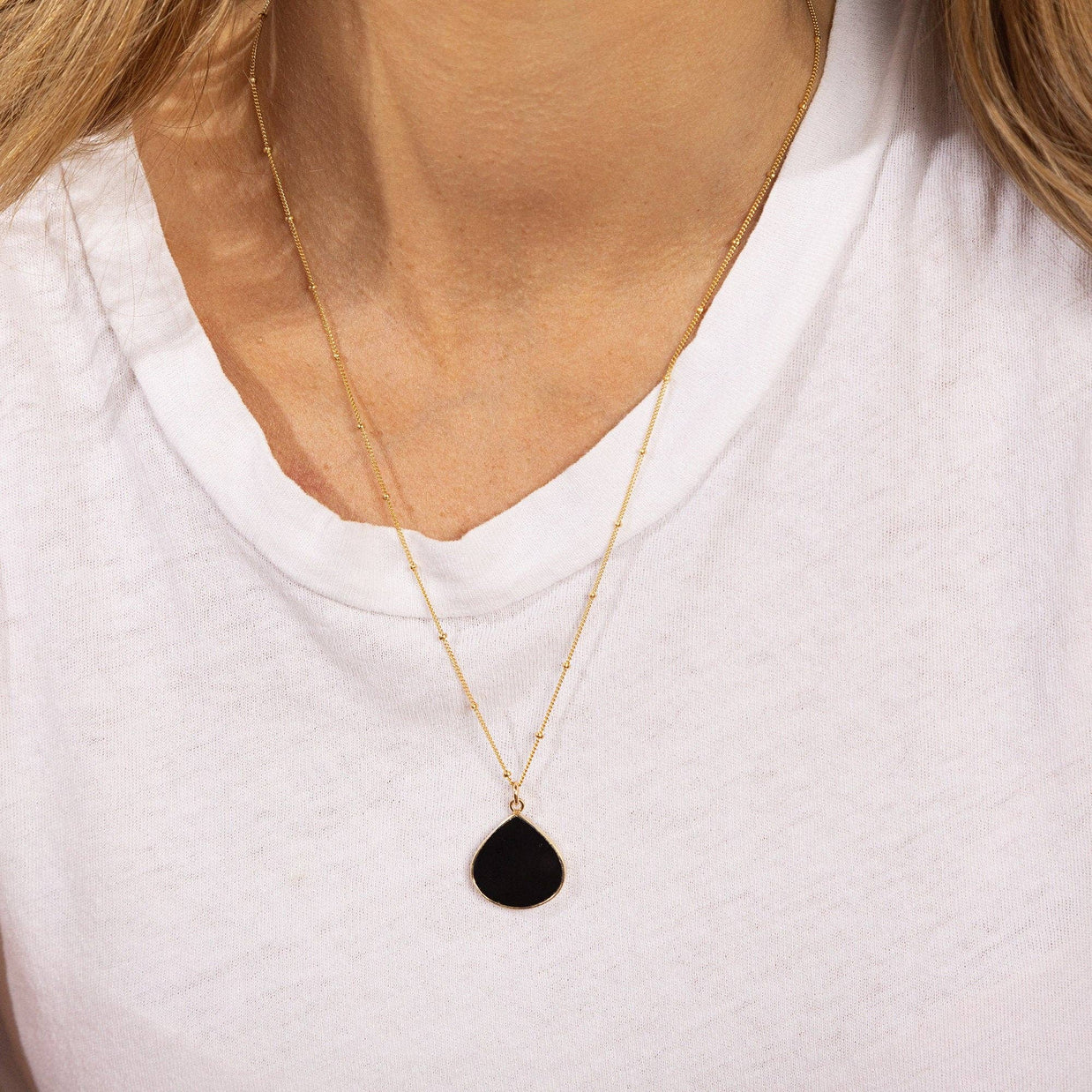 Black Onyx Drop Gold Pendant Necklace (Satellite Chain)
