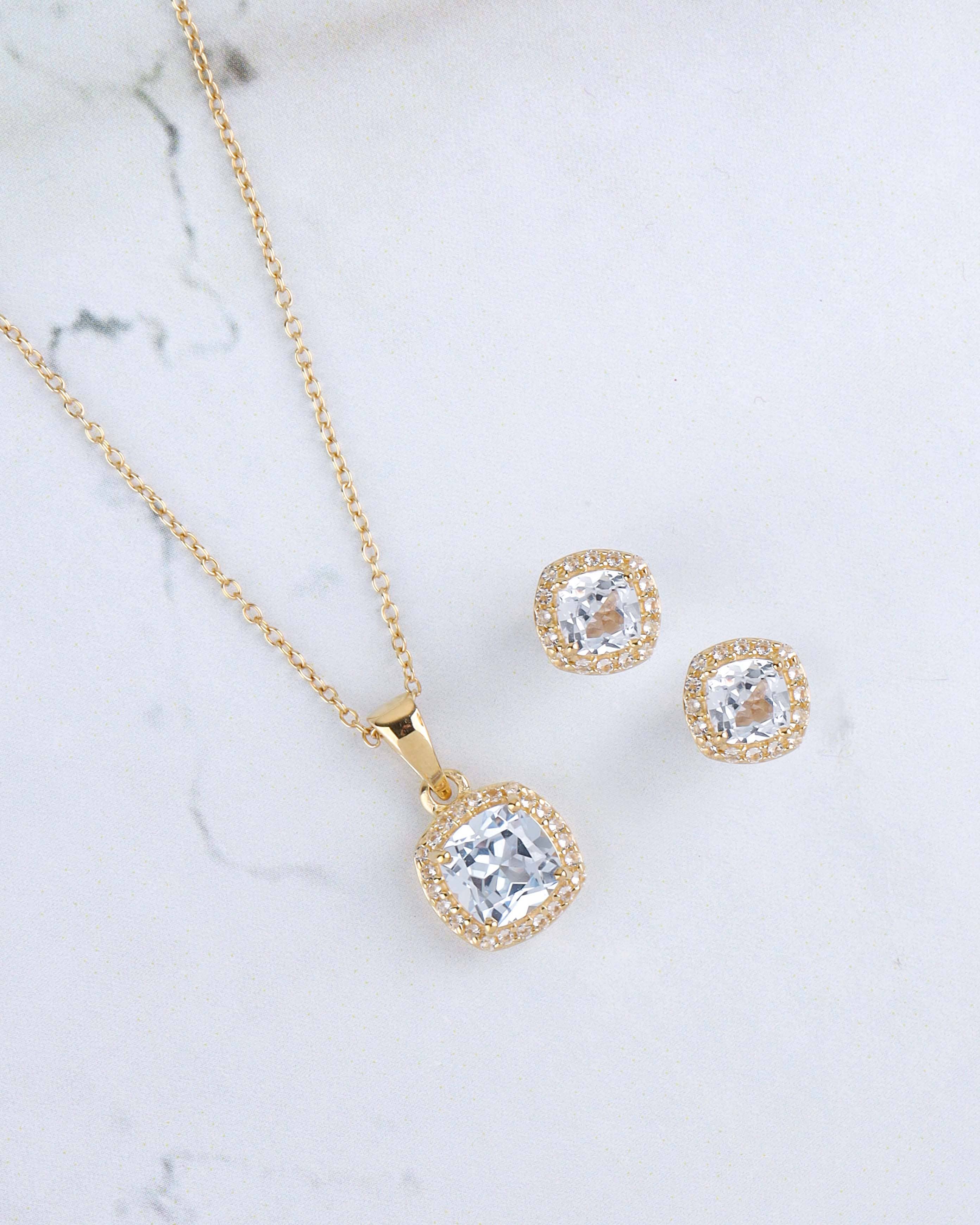 14K Gold Plated Sky Blue Topaz Earring & Necklace Set