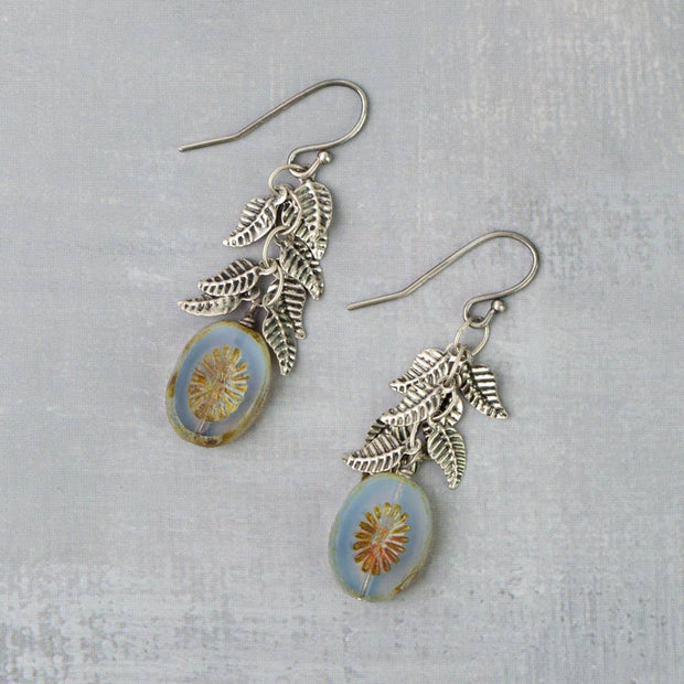 Venetian Dreams Antique Silver Plated Brass Leaves With Long Czech Glass Green Oval Dangle Earrings