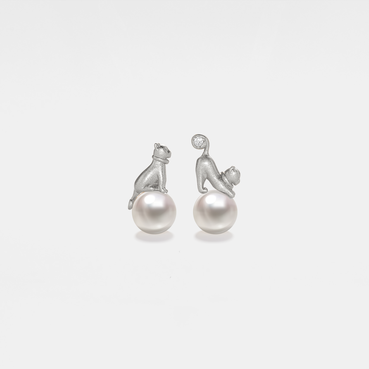 Silver Cat Pearl Charm Necklace and Earrings Set