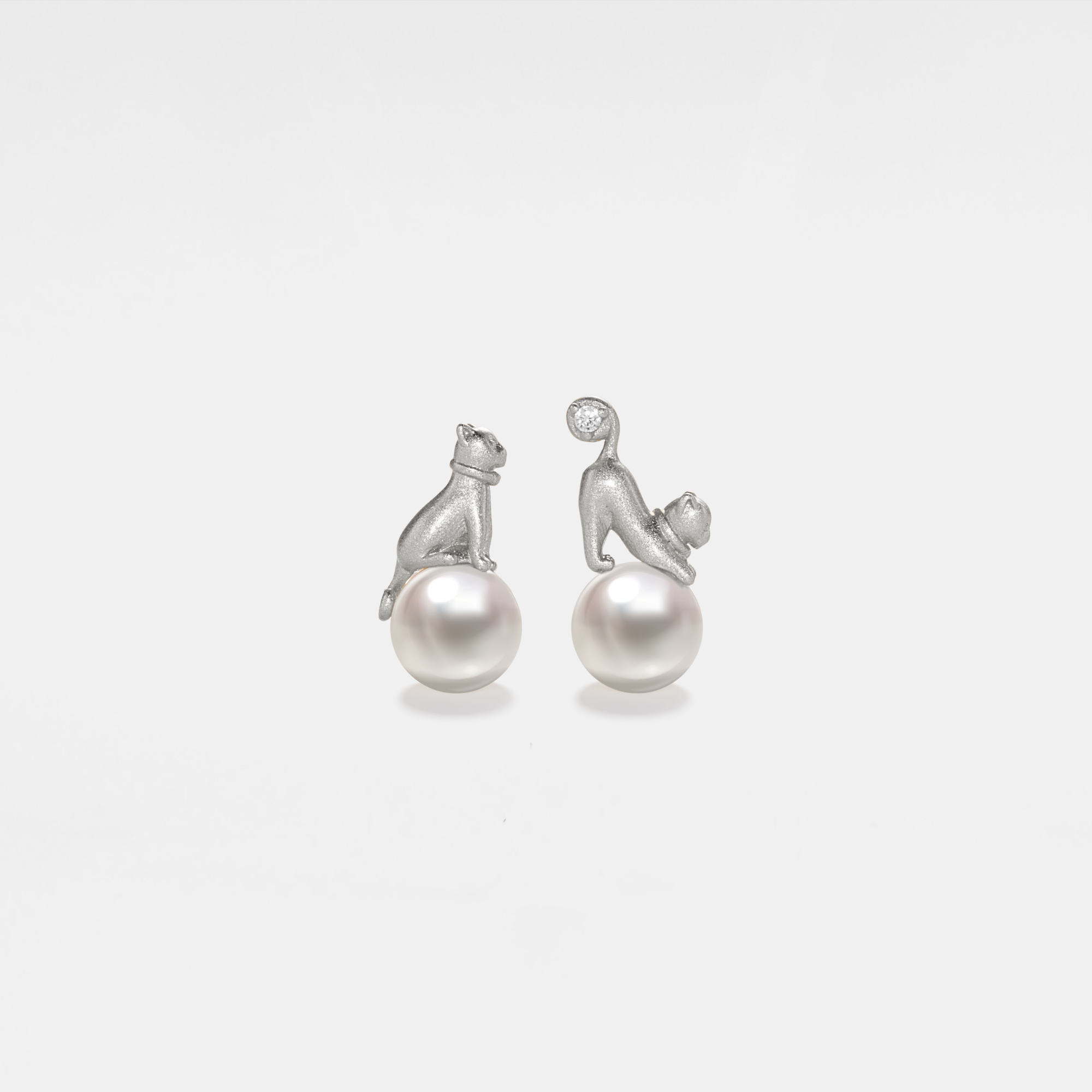 Silver Cat Pearl Charm Necklace and Earrings Set