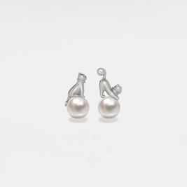 Silver Cat Pearl Charm Necklace and Earrings Set