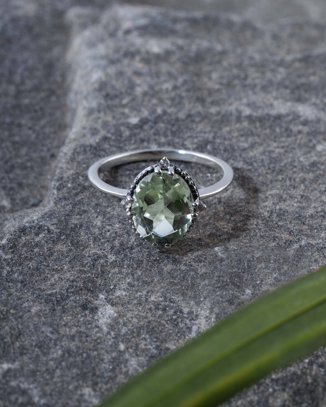 Green Amethyst w/ White Topaz and Silver Bead Accent Ring - Size 7.5