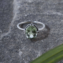 Green Amethyst w/ White Topaz and Silver Bead Accent Ring - Size 7.5