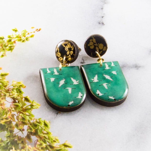 Green Japanese Crane Drop Post Earrings