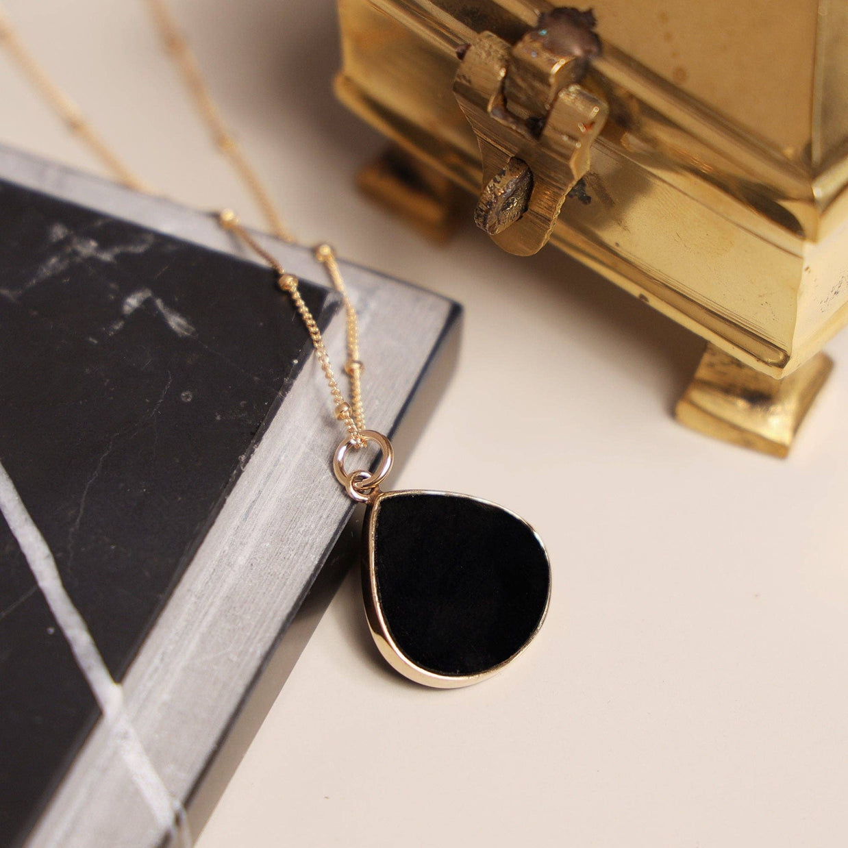 Black Onyx Drop Gold Pendant Necklace (Satellite Chain)