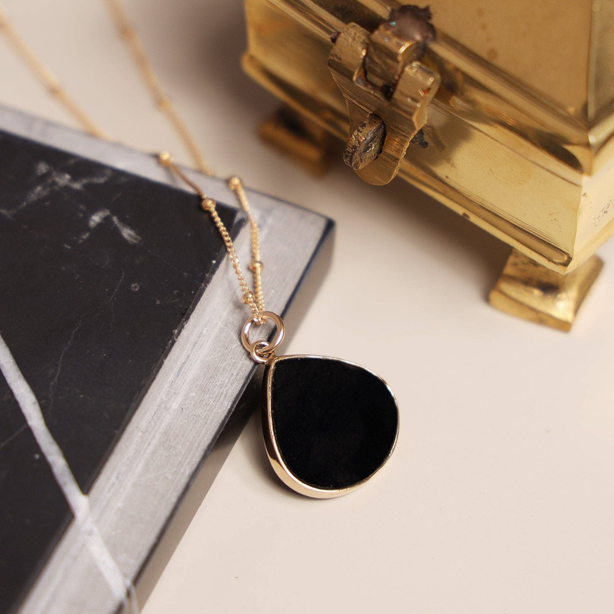 Black Onyx Drop Gold Pendant Necklace (Satellite Chain)