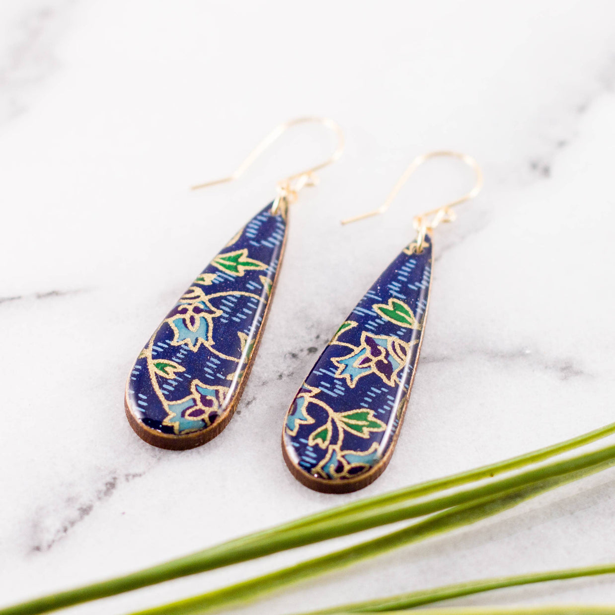 Teardrop Royal + Gold Deco Floral Earrings