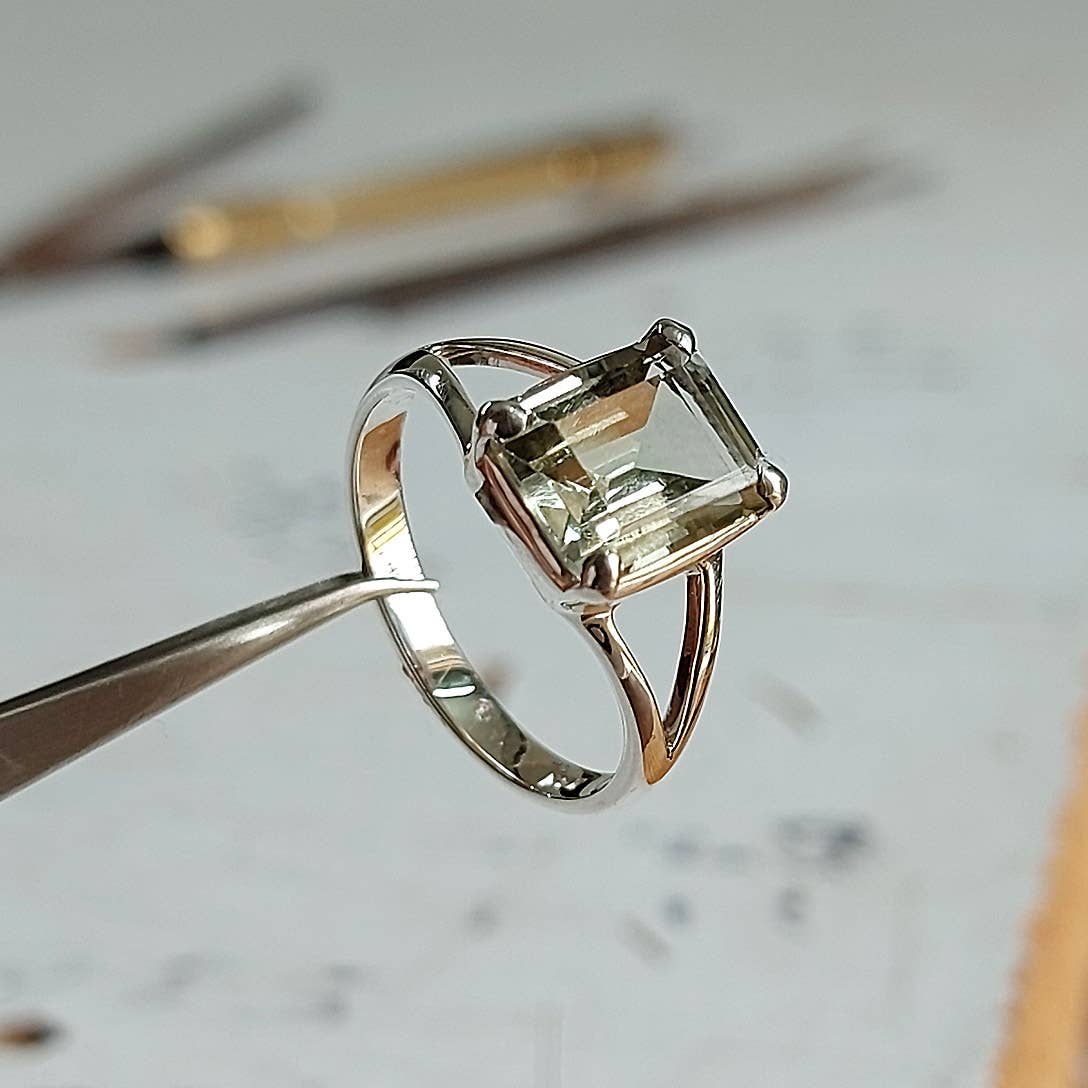 Sterling Gem Ring  - Hand cut Rectangular Green Amethyst