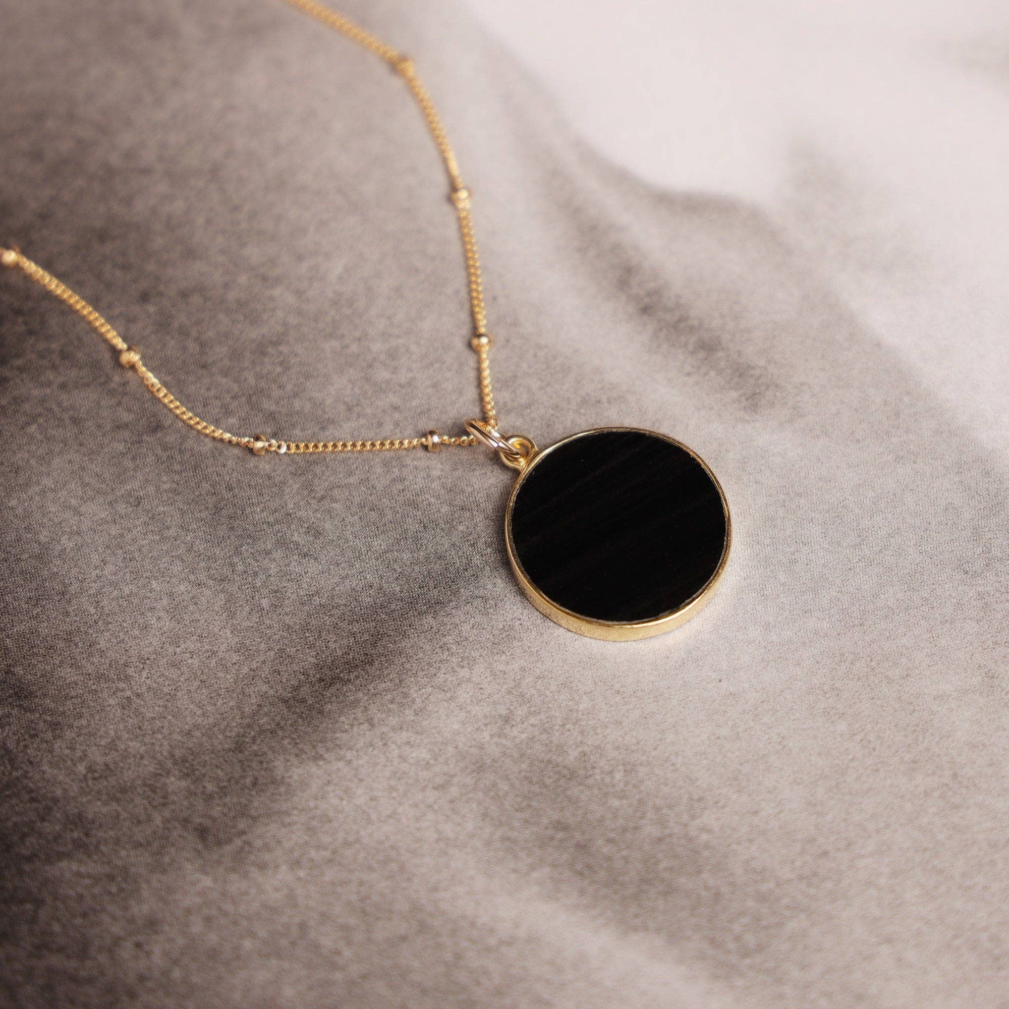 Black Obsidian Gold Circle Necklace (Satellite Chain)