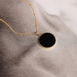Black Obsidian Gold Circle Necklace (Satellite Chain)