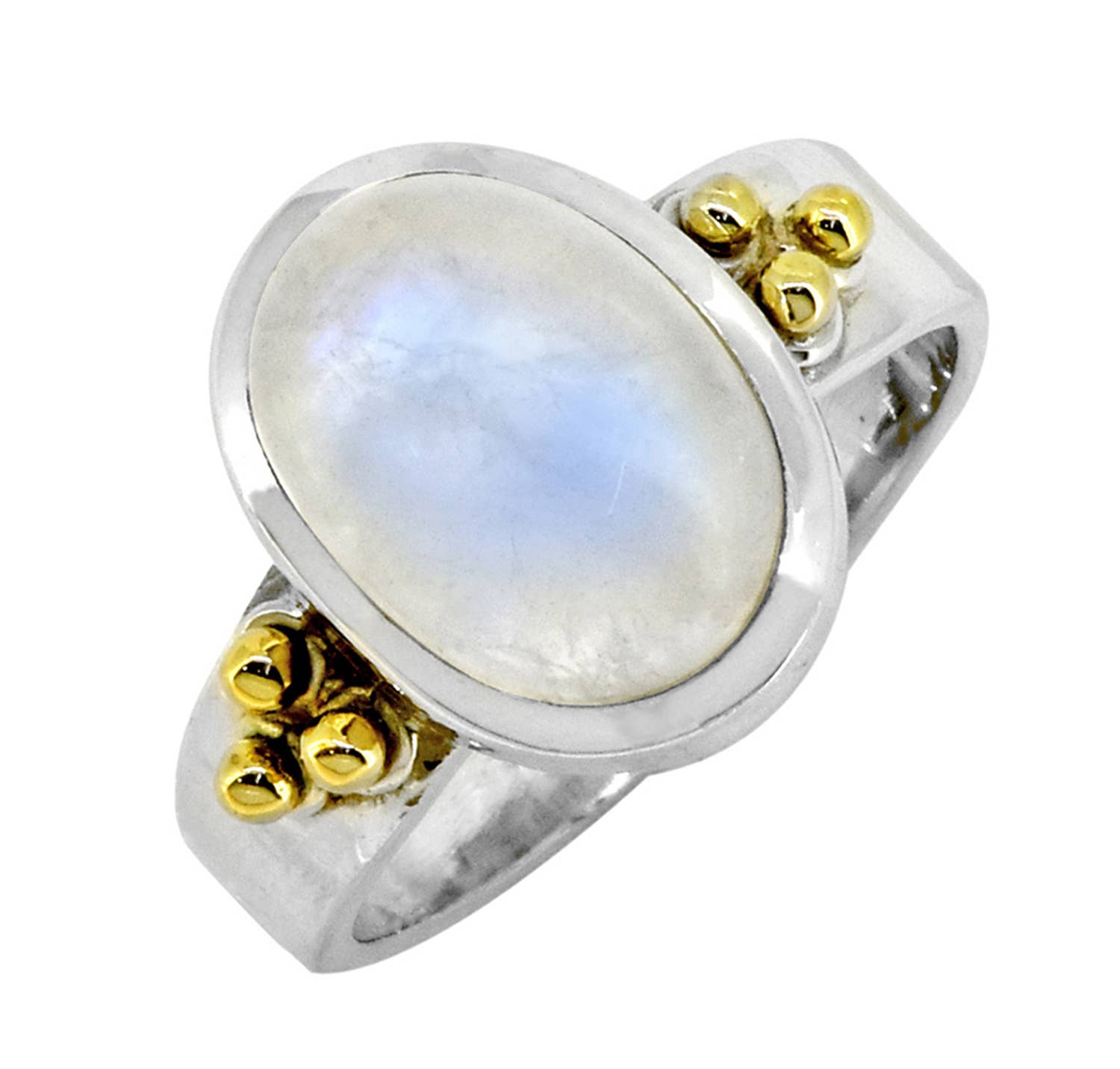 Moonstone Solitaire Silver Ring w/ Brass Accent - Size 9