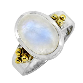 Moonstone Solitaire Silver Ring w/ Brass Accent - Size 9