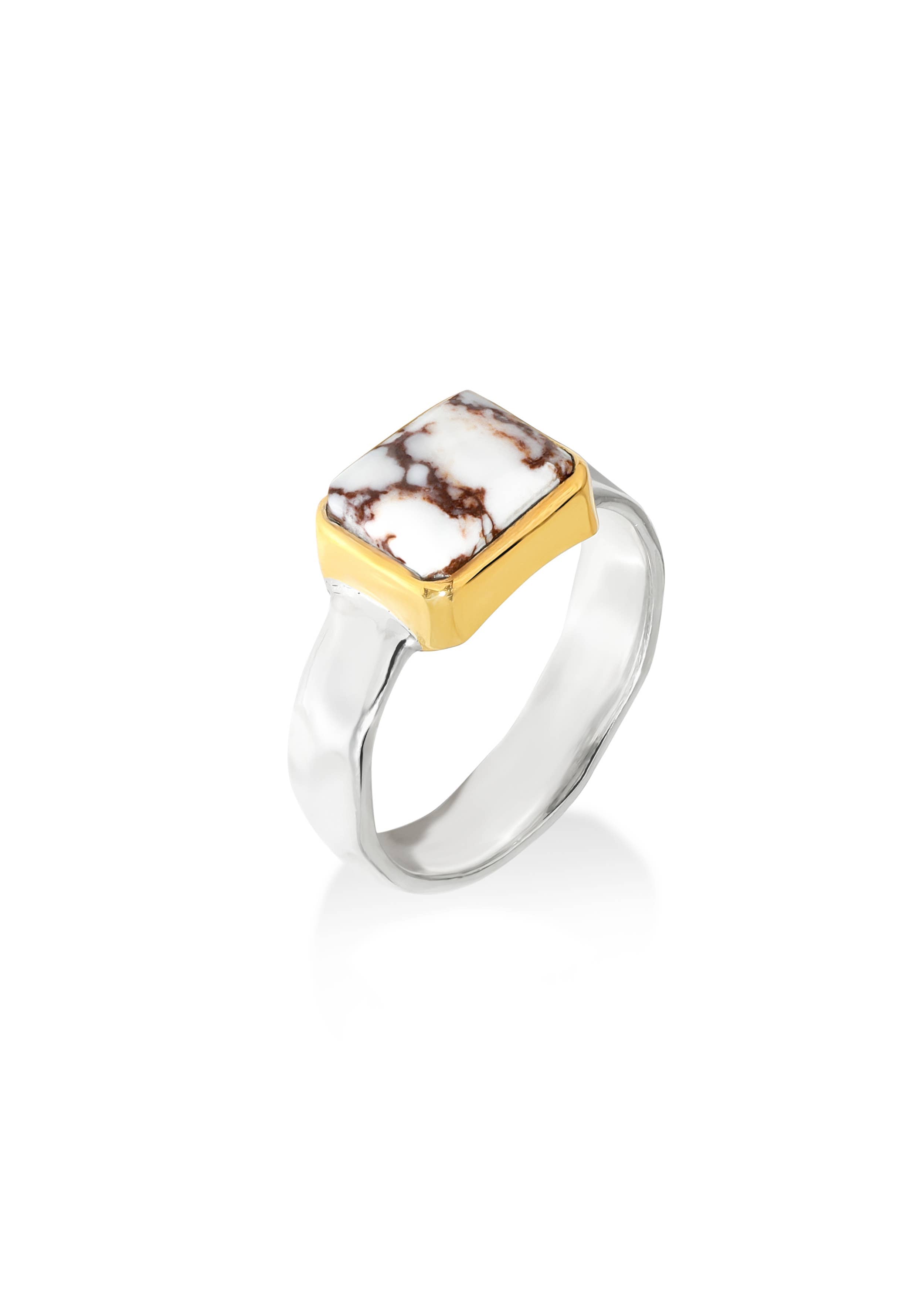 Wild Horse Silver Ring w/ Brass Bezel and Faceted Band - Size 8.5