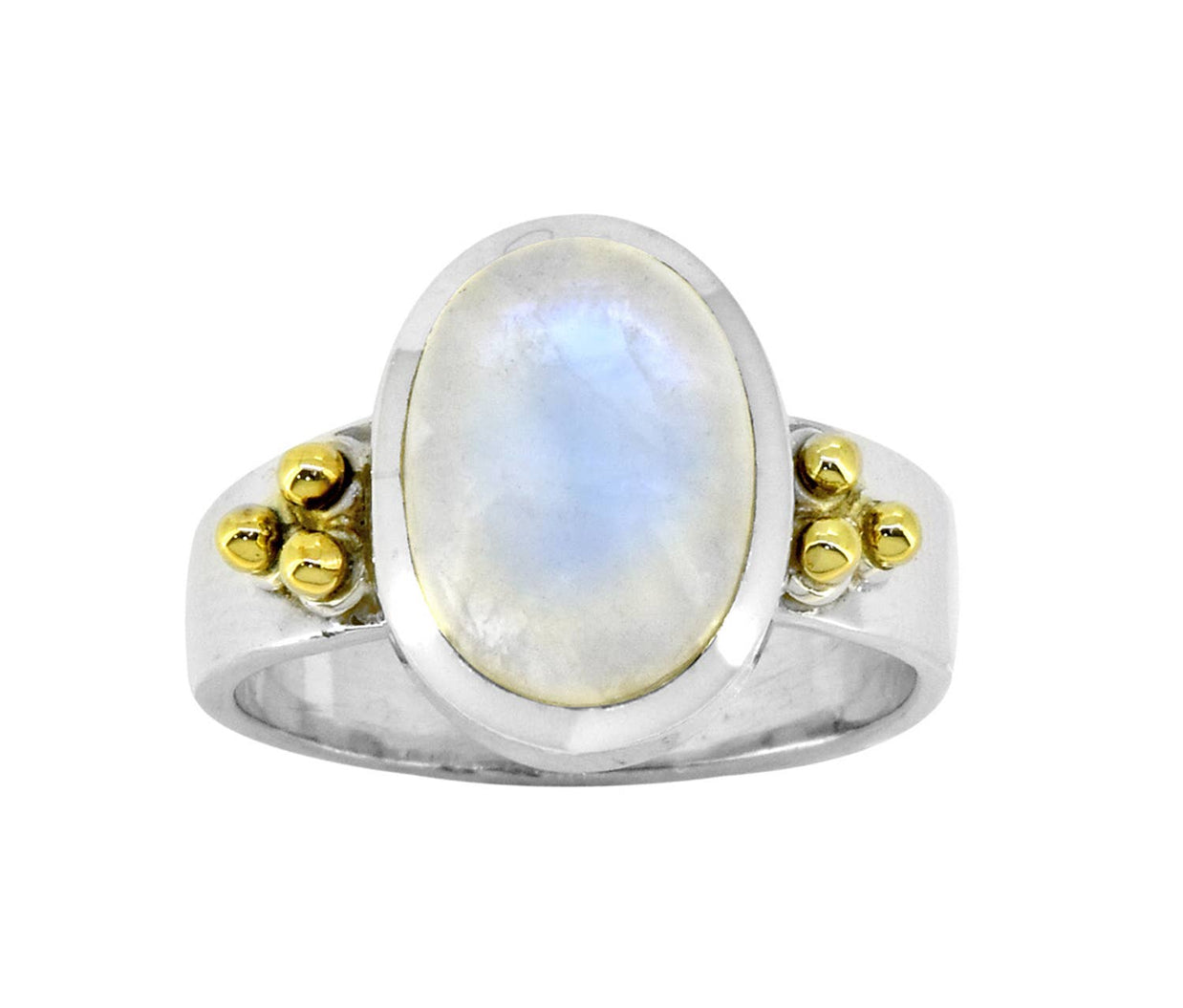 Moonstone Solitaire Silver Ring w/ Brass Accent - Size 9