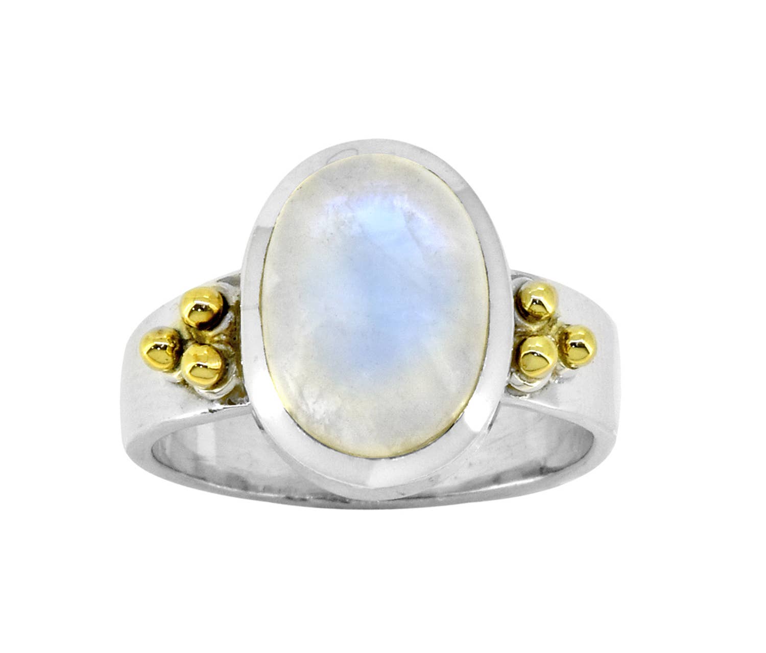 Moonstone Solitaire Silver Ring w/ Brass Accent - Size 9