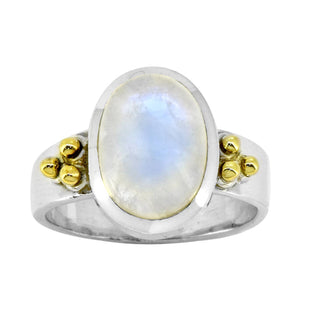 Moonstone Solitaire Silver Ring w/ Brass Accent - Size 9