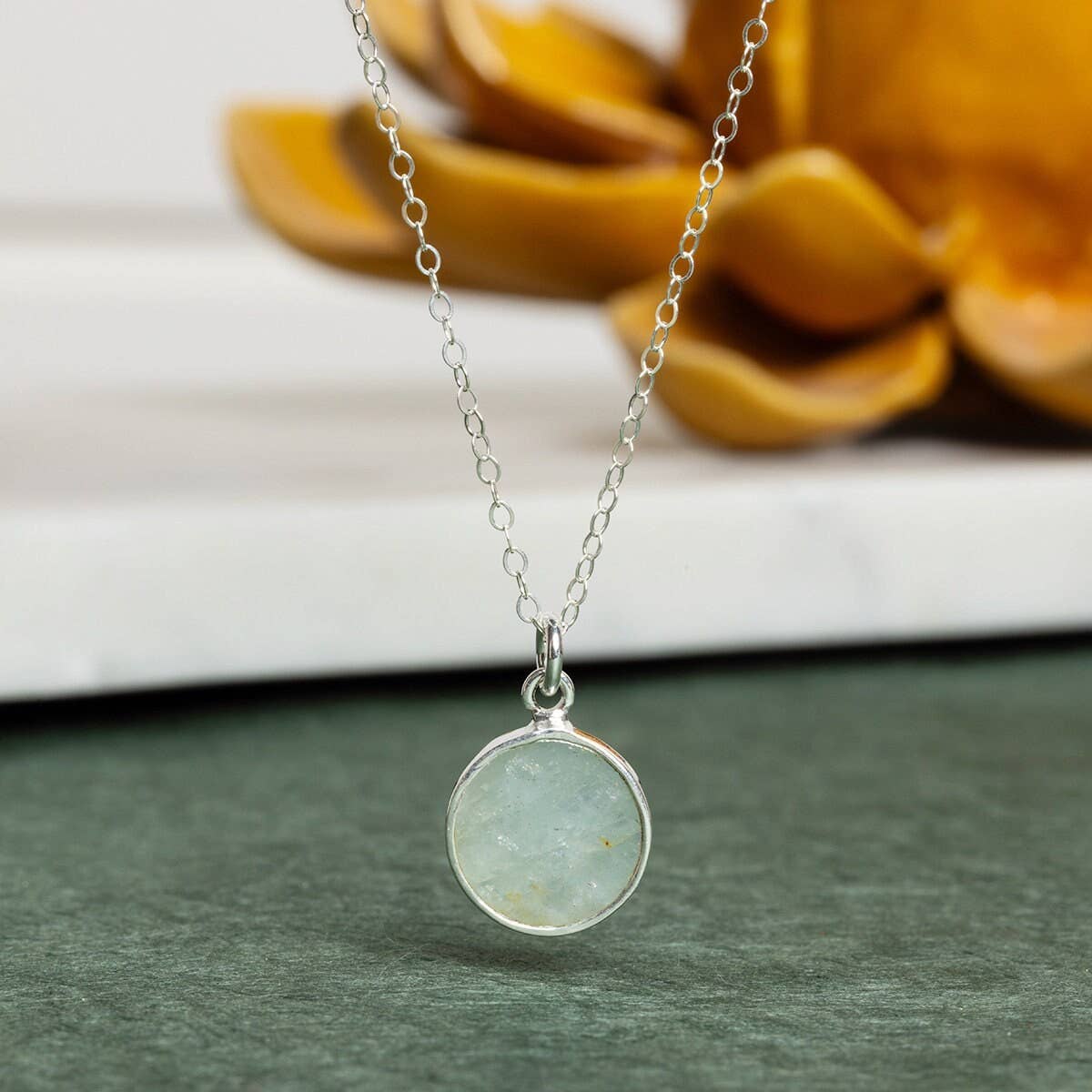 Aquamarine 925 Sterling Silver Round Disc Pendant Cable Chai